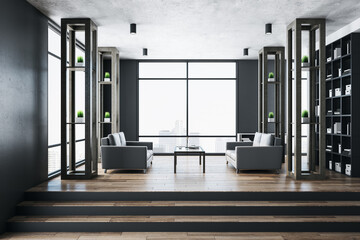Contemporary living room with two sofa and panoramic city view.