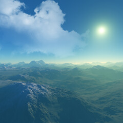 3d rendered Space Art: Alien Planet - A Fantasy Landscape with blue skies and clouds