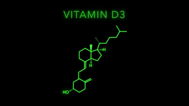Cholecalciferol also known as vitamin D3 and colecalciferol Molecular Structure Symbol Neon Animation on black background