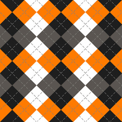 Halloween Argyle plaid. Scottish pattern in orange, black, white and gray rhombuses. Scottish cage. Traditional Scottish background of diamonds. Seamless fabric texture. Vector illustration