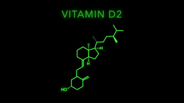 Ergocalciferol also known as vitamin D2 and calciferol Molecular Structure Symbol Neon Animation on black background