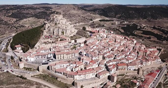 Panoramic cityscape of ancient Spanish town Morella and fortress on rock