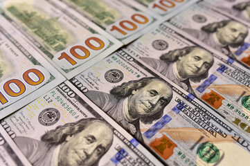 US one hundred dollar bills background. Money american hundred texture notes design. Financial concept. Financial operations