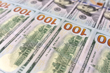 US one hundred dollar bills background. Money american hundred texture notes design. Financial concept. Financial operations