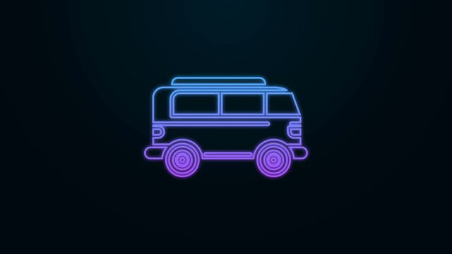 Glowing neon line Retro minivan icon isolated on black background. Old retro classic traveling van. 4K Video motion graphic animation
