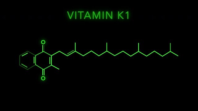 Phytomenadione also known as vitamin K1 or phylloquinone Molecular Structure Symbol Neon Animation on black background