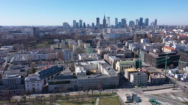 Aerial view of Warsaw cityscape at sunny day, Poland. High quality 4k footage