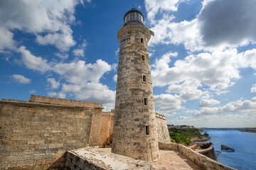 Famous Lighthouse of the Morro Castle (Castillo de los Tres Reyes del Morro), a fortress guarding the entrance to Havana bay in Havana, Cuba
