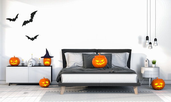 3D render of Halloween party in bed room pumpkins, jack-o-lantern