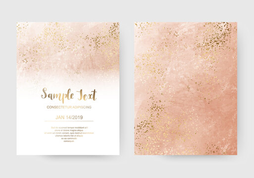Luxury coral acrylic celebration invitation cards with gold sparkle splatter texture.