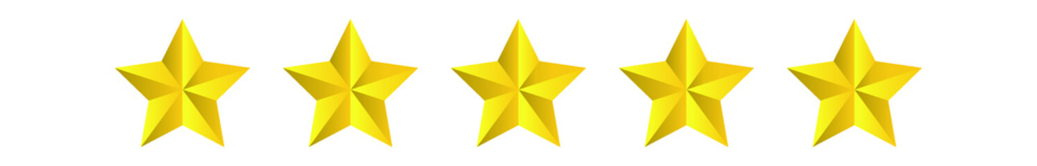 five or 5 stars rating. Five golden stars, realistic gold star set vector
