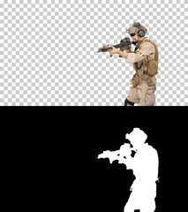 United states ranger walking in, making hold gesture and then ma