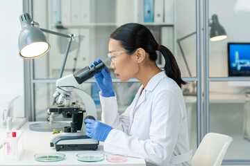 Young Asian female laboratory worker studying sample of raw meat in microscope