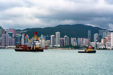 Hong Kong - March 26 2020 : Hong Kong cityscape and skyscraper modern building, view from mountains of Hong Kong
