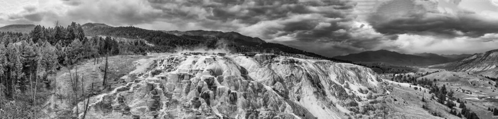 Drone aerial view of Canary Spring and terraces in the Mammoth Hot Spring area of Yellowstone...