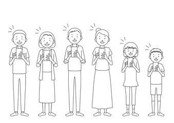 Illustration of a three generation family (grandfather, grandmother, father, mother, girl, boy set) learning how to use a smartphone