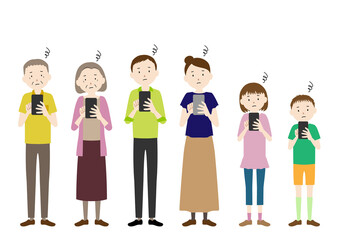 Illustration of a three generation family (grandfather, grandmother, father, mother, girl, boy set) worried about how to use a smartphone