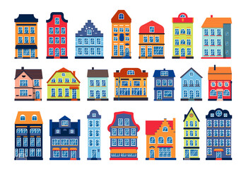 Cartoon houses colorful architecture Amsterdam set. Different graphic icon townhouse, european style. Flat urban building tall town and suburban home cottage. Isolated on white vector illustration