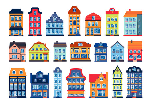 Cartoon houses colorful architecture Amsterdam set. Different graphic icon townhouse, european style. Flat urban building tall town and suburban home cottage. Isolated on white vector illustration