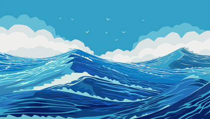 Harsh ocean with large sea waves. Drawing of ocean spaces. Wavy and beautiful sea. The Pacific Ocean is raging. Large and strong blue waves. Raging ocean waves in the Blue Sea. Illustration, EPS 10