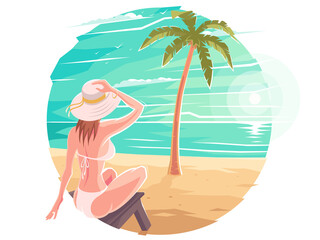 A woman in a swimsuit lights up sitting on a sun lounger on a sea or ocean beach. A beautiful girl drinks a cocktail under a palm tree. Summer or luxury vacation. Zakad under palm trees on the beach.