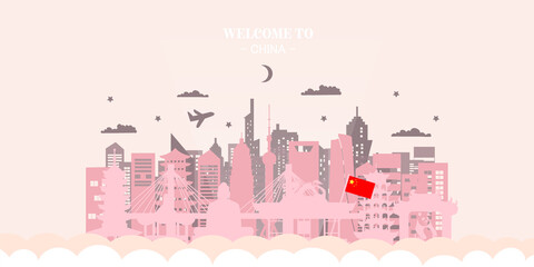 China Travel Ticket Postcard, poster, tour advertising of world famous landmarks of China. Vector illustration.