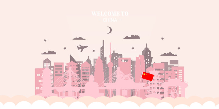 China Travel Ticket Postcard, poster, tour advertising of world famous landmarks of China. Vector illustration.