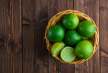 Limes in a wicker basket on wooden background. flat lay.