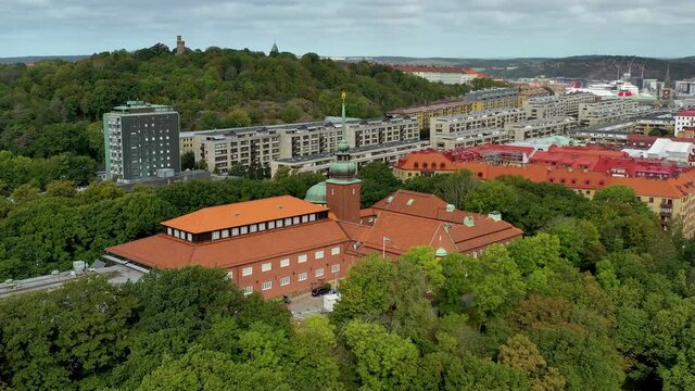 Gothenburg Slottsskogen park in Sweden. Aerial orbiting view by drone. 