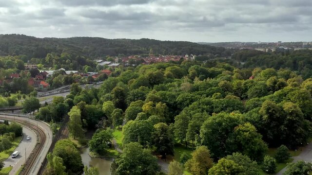 Gothenburg Slottsskogen park in Sweden with picnic areas, beautiful nature, green trees, running tracks, lakes and zoo. Aerial drone view.