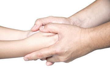 Father gentle holding son's hand over white background - people love help care each other concept