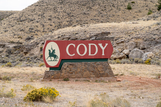 Cody, Wyoming - September 25, 2020: Welcome sign to Cody, Wyoming, a small town near Yellowstone National Park