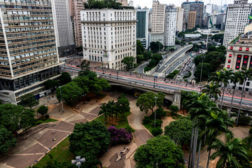 Sao Paulo, Brazil, march 27, 2017. Aerial view of Anhangabau Valley, Tea Viaduct and city hall in...