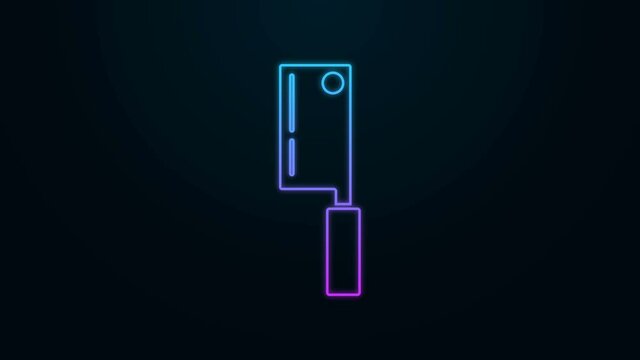 Glowing neon line Meat chopper icon isolated on black background. Kitchen knife for meat. Butcher knife. Happy Halloween party. 4K Video motion graphic animation