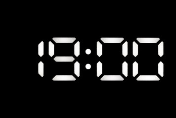 Real white led digital clock on black background