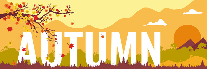 Autumn typography with autumn landscape and falling leaves, with sunset and clouds on sky. Tree branch with autumn leaves. Web banner for autumn concept. Vector illustration