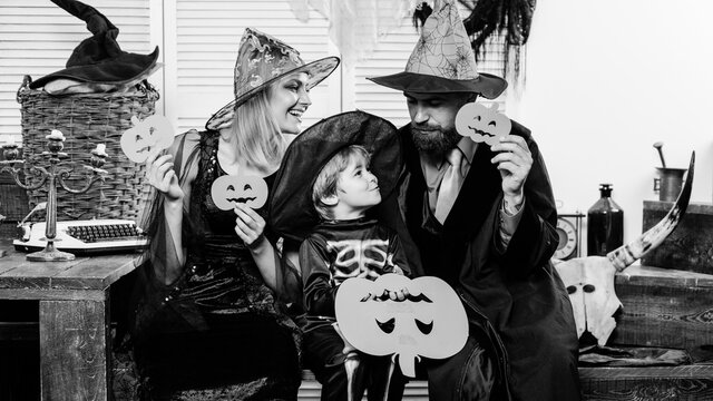 Happy Family On Halloween. Costumes For Celebration At Home. Scenery. Halloween Quarantined During Covid 19.