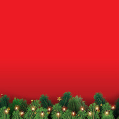Christmas tree branches with decorations on red background. Vector