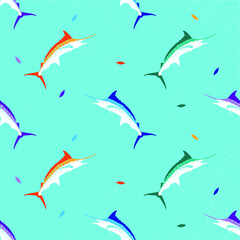 colorful marlin fish seamless pattern with grunge background