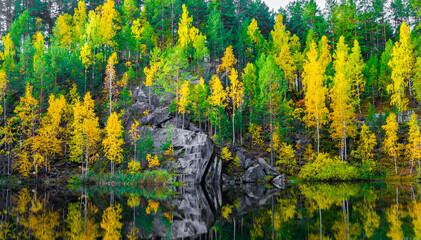 Lake in the mountains among the autumn forest.