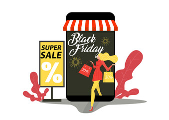 Discount online Shopping.  Woman happy shop on Smartphone  on black friday shop Flat Vector Illustration