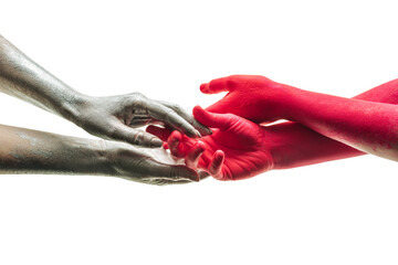 Friendship, trust, equality and touch of hands. Human hands, male and female, finger touch, art and understanding between people. Four gray and red hands on a white background isolated. Arm and palm