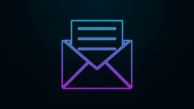 Glowing neon line Envelope with invitation card icon isolated on black background. 4K Video motion graphic animation