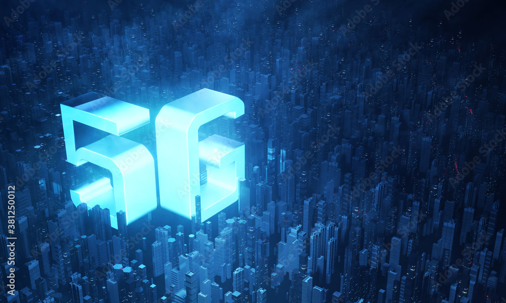 Poster 3d rendering of 5g text and virtual futuristic technology city. concept for fast data transfer and t