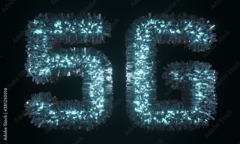 Poster 3d rendering of 5g text made from futuristic buildings. fast data transfer and transmission bandwidt