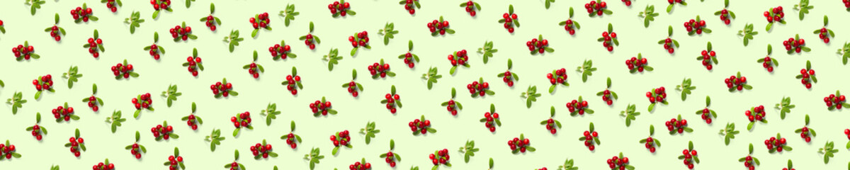Lingonberry background on green backdrop. Fresh cowberries or cranberries with leaves as background