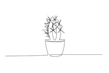 Cactus in the pot - Continuous one line drawing.