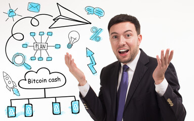 Business, technology, internet and network concept. Young businessman thinks over the steps for successful growth: Bitcoin cash