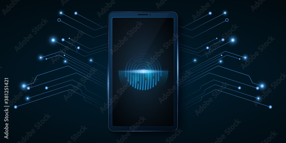 Poster modern smartphone with a fingerprint scanner. biometric data and luminous computer circuit board. da