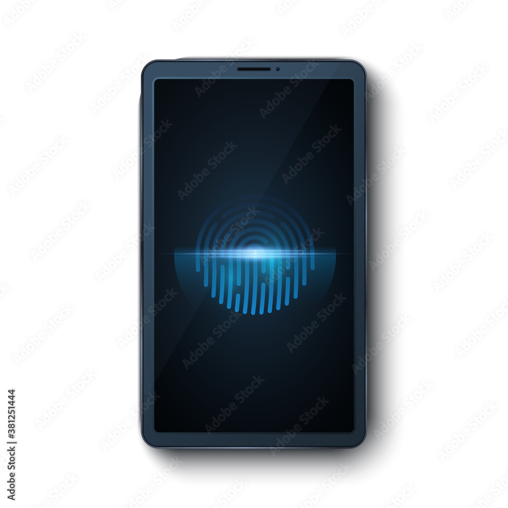 Poster modern smartphone with a fingerprint scanner isolated on white background. biometric scanner. touch 